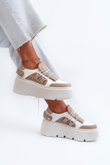 Zazoo 1833 Sneakers modelio batai Moteriškos Oda su madingais masyviais padais smėlio spalvos-baltos spalvos 2