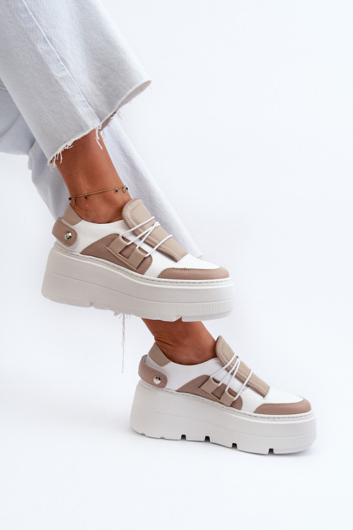 Zazoo 1833 Sneakers modelio batai Moteriškos Oda su madingais masyviais padais smėlio spalvos-baltos spalvos
