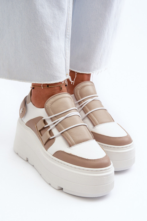 Zazoo 1833 Sneakers modelio batai Moteriškos Oda su madingais masyviais padais smėlio spalvos-baltos spalvos