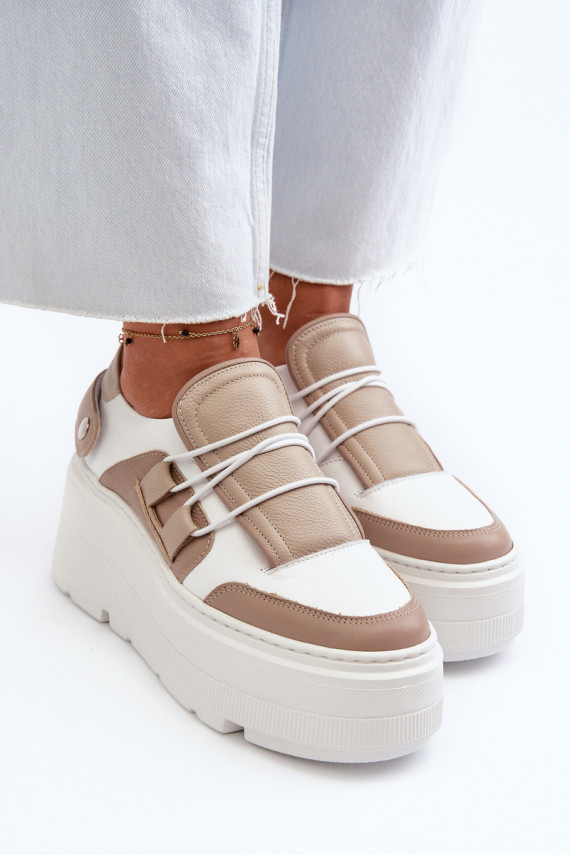 Zazoo 1833 Sneakers modelio batai Moteriškos Oda su madingais masyviais padais smėlio spalvos-baltos spalvos