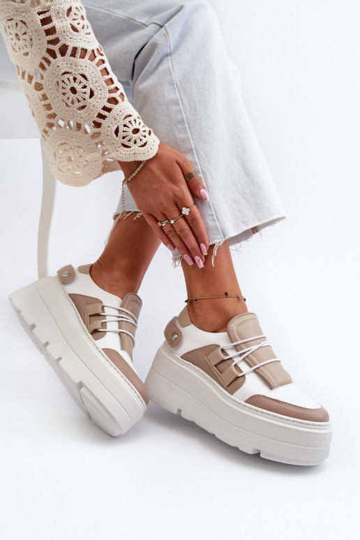 Zazoo 1833 Sneakers modelio batai Moteriškos Oda su madingais masyviais padais smėlio spalvos-baltos spalvos