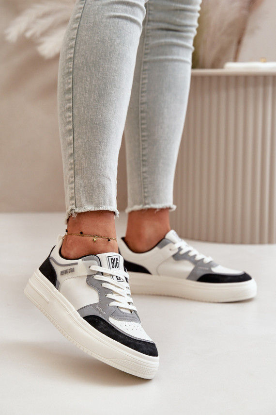 Moterų žemas Sneakers modelio batai iš eko odos Big Star OO274028 Baltos-pilkos spalvos