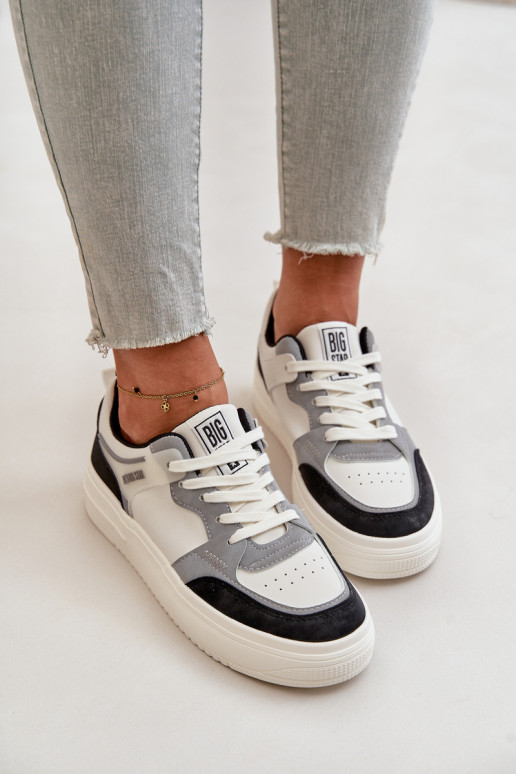 Moterų žemas Sneakers modelio batai iš eko odos Big Star OO274028 Baltos-pilkos spalvos