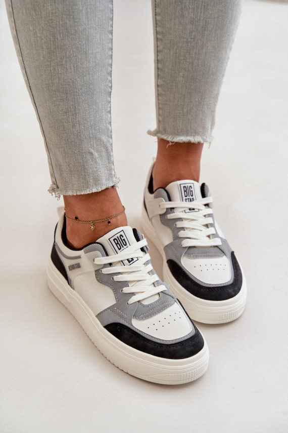 Moterų žemas Sneakers modelio batai iš eko odos Big Star OO274028 Baltos-pilkos spalvos