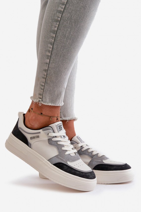 Moterų žemas Sneakers modelio batai iš eko odos Big Star OO274028 Baltos-pilkos spalvos