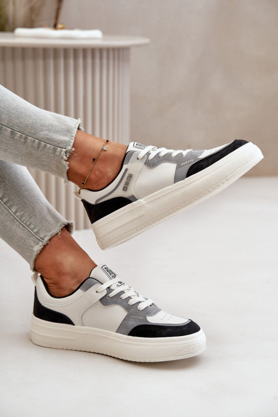 Moterų žemas Sneakers modelio batai iš eko odos Big Star OO274028 Baltos-pilkos spalvos