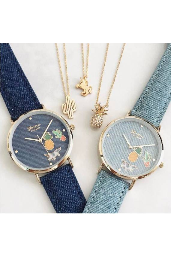 Mėlynas džinsinis laikrodis Geneva Platinum