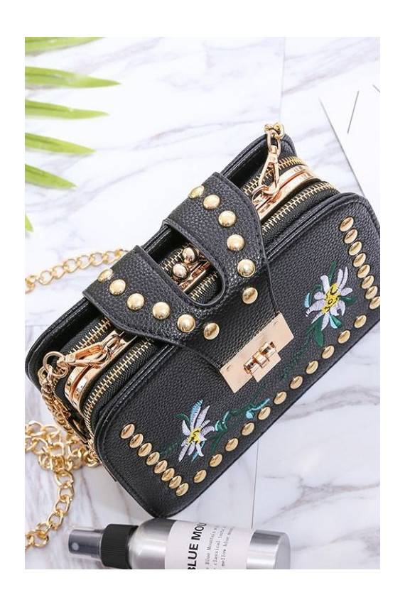 Juodos spalvos mini rankinė "Embroidery Flowers"