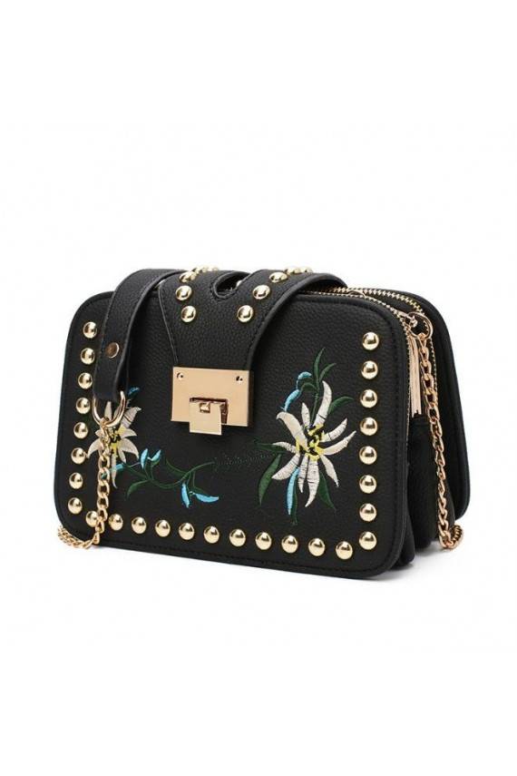 Juodos spalvos mini rankinė "Embroidery Flowers"