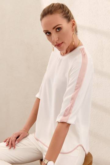 Elegantiška palaidinė su juostelėmis ant rankovių kreminės ir rožinės spalvos DD_0456_CREAM/PINK