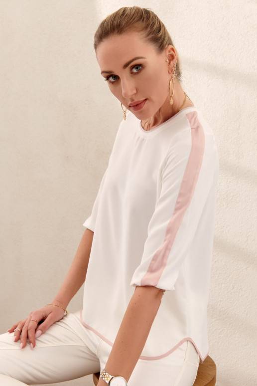 Elegantiška palaidinė su juostelėmis ant rankovių kreminės ir rožinės spalvos DD_0456_CREAM/PINK