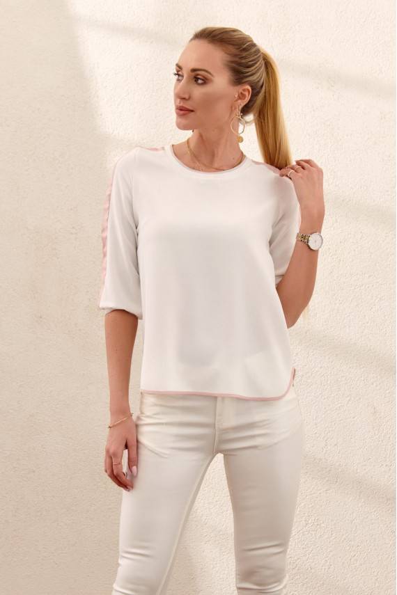 Elegantiška palaidinė su juostelėmis ant rankovių kreminės ir rožinės spalvos 0456