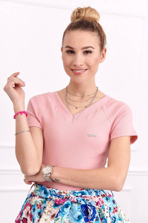 Moteriška palaidinė su trumpomis rankovėmis  rausvo atspalvio Moteriška palaidinė su trumpomis rankovėmis  rausvo atspalvio