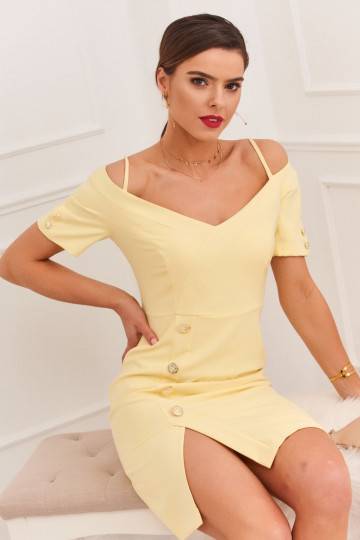 Elegantiška suknelė su Carmen modelio kaklo iškirpte ryškaus citrinų atspalvio DD_0484_LEMON