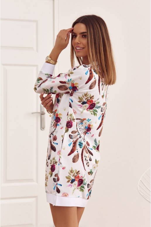 Medvilninė suknelė su gėlių raštais su kišenėmis baltos spalvos FI578