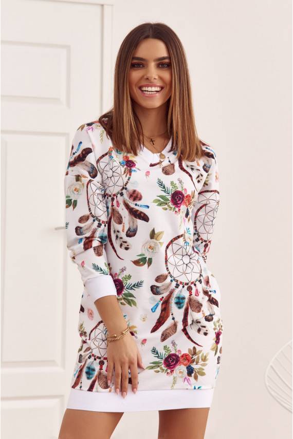 Medvilninė suknelė su gėlių raštais su kišenėmis baltos spalvos FI578