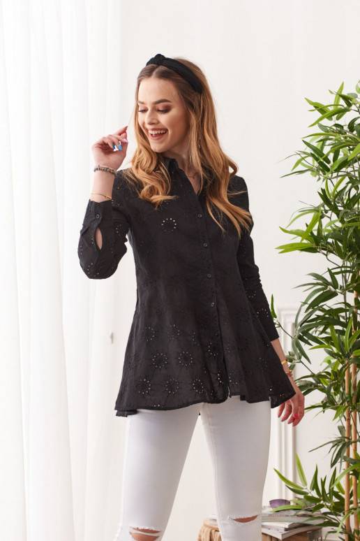 Moteriški siuvinėti marškiniai su peplum modelio detale juodos spalvos