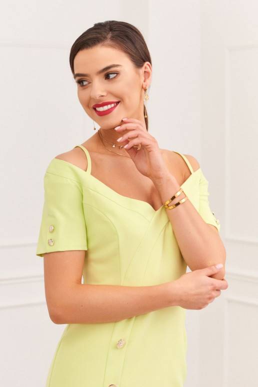 Elegantiška suknelė z dekoltem carmen žalios spalvos 0484 Elegantiška suknelė z dekoltem carmen žalios spalvos 0484