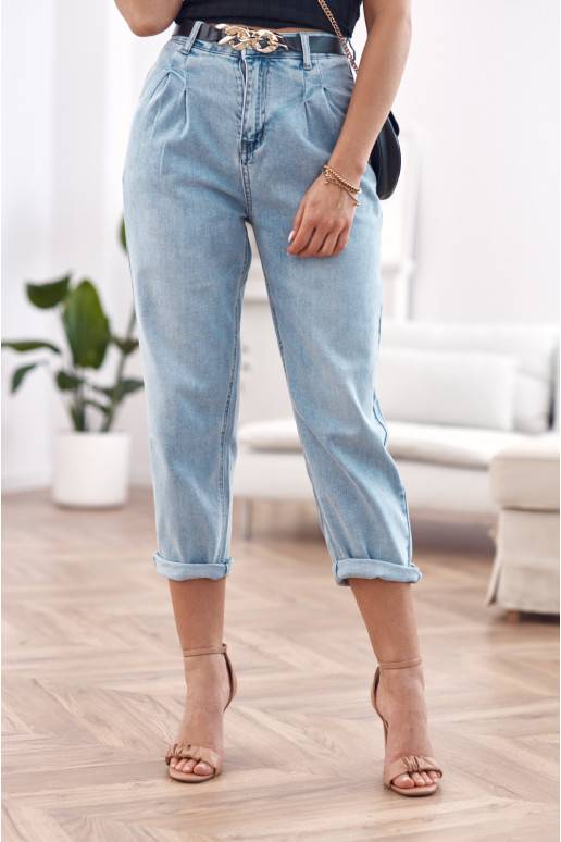 Šviesiai mėlynos spalvose džinsinės kelnės  su dirželiu