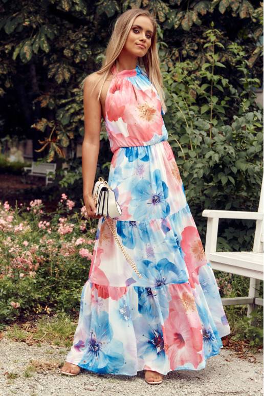 Maxi suknelė su gėlių raštais rožinės ir mėlynos spalvos