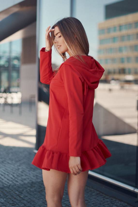 Ilgas džemperis su gobtuvu raudonos spalvos