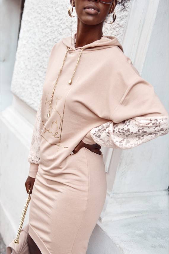 Medvilninė suknelė su gipiūro rankovėmis smėlio spalvos FI651