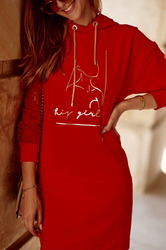 Medvilninė Moteriška suknelė su gipiūro rankovėmis raudonos spalvos