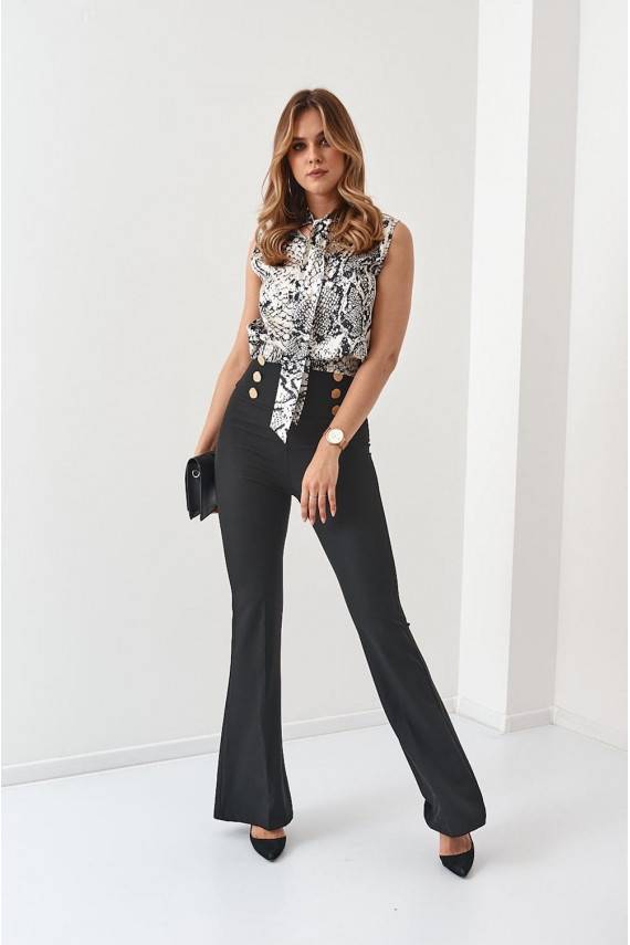 Lengvo audinio palaidinė su gyvūnų kailio raštais kreminės ir juodos spalvos