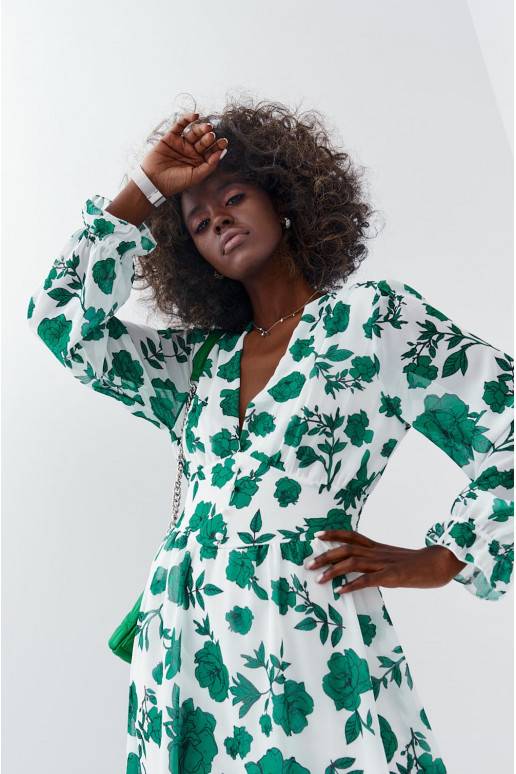 Suknelė su gėlių raštais  baltos-žalios spalvos 89440