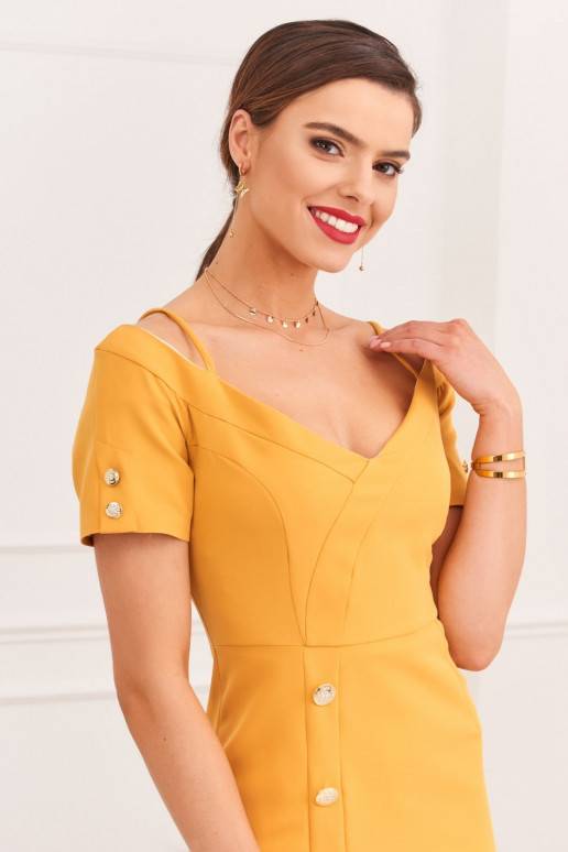 Elegantiška suknelė  carmen garstyčių spalvos 0484 Elegantiška suknelė  carmen garstyčių spalvos 0484