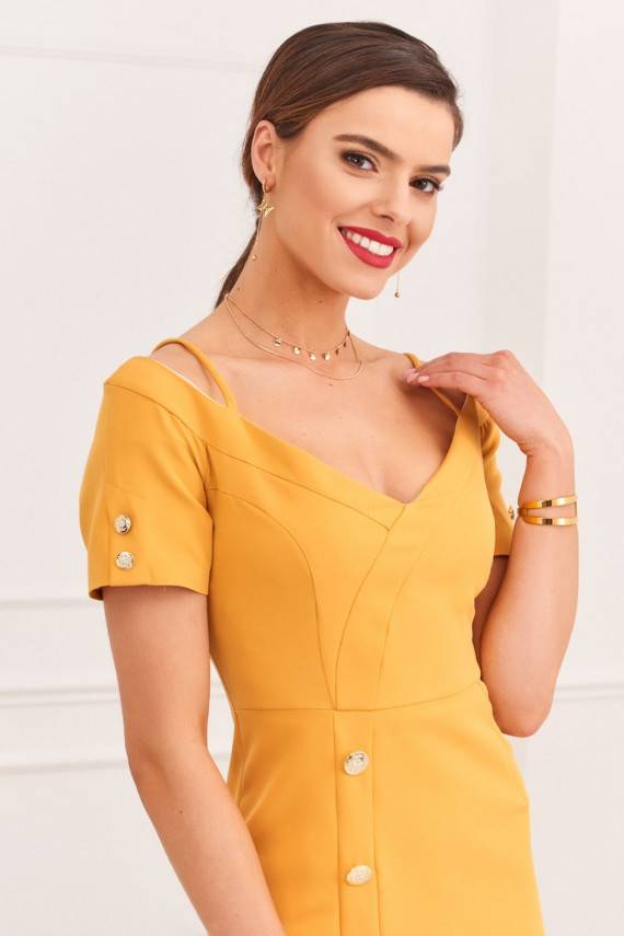 Elegantiška suknelė  carmen garstyčių spalvos 0484