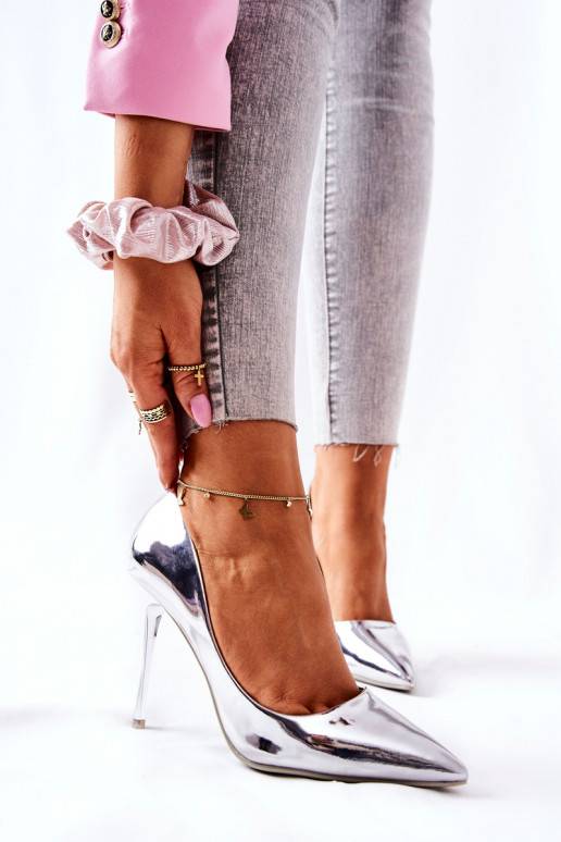 Elegantiško stiliaus veidrodinio efekto aukštakulniai bateliai sidabro spalvos iš Adrinnah