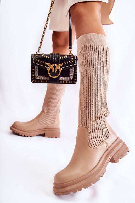 Dryžuoti batai   ilgaauliai batai su plačiais kulniukais smėlio spalvos Allys