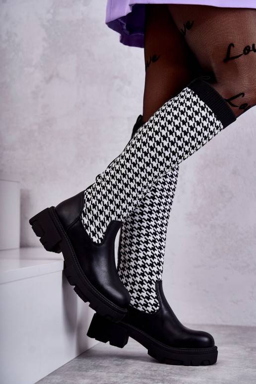   ilgaauliai batai su kojinės tipo auliuku su houndstooth raštais Juodos ir-baltos spalvos Avira
