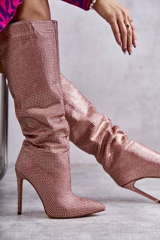  ilgaauliai batai su plonais kulniukais su tviskančiomis akutėmis rožinės spalvos Lovisa