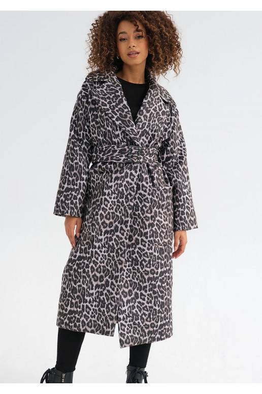 Sage - pilkos spalvos leopardo raštų surišamas paltas