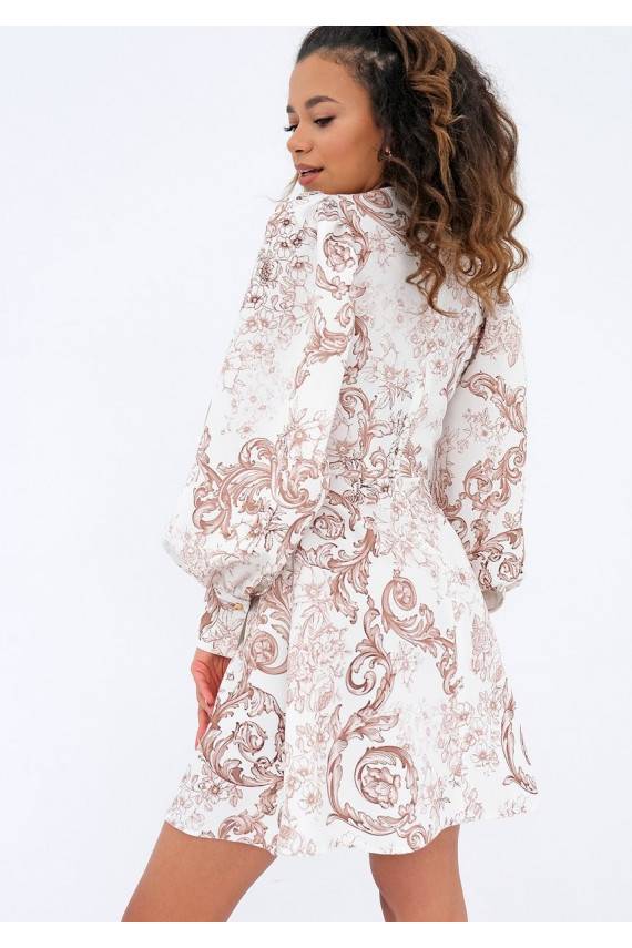 Suknelė pūstomis rankovėmis su raštais smėlio spalvos