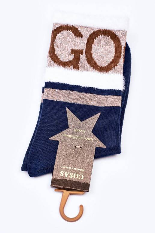 Moteriškos medvilninės kojinės GO-GO su kailiuku COSAS tamsiai mėlynos spalvos