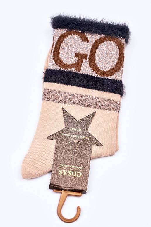 Moteriškos medvilninės kojinės GO-GO su kailiuku COSAS smėlio spalvos