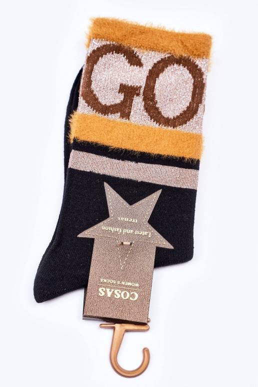 Moteriškos medvilninės kojinės GO-GO su kailiuku COSAS juodos spalvos