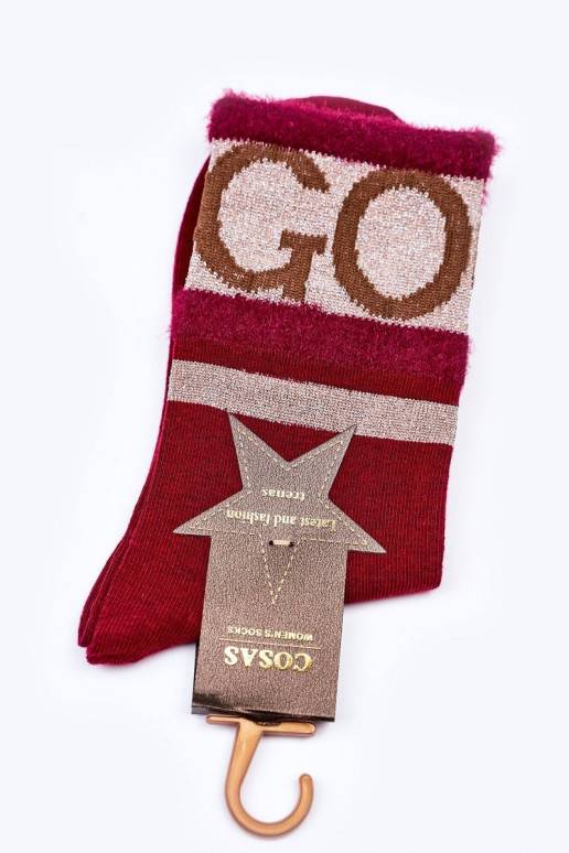 Moteriškos medvilninės kojinės GO-GO su kailiuku COSAS bordo spalvos