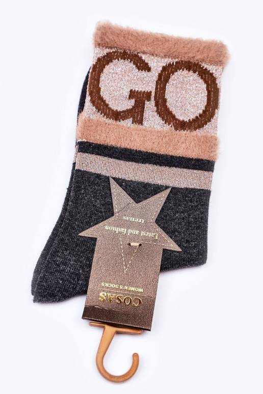 Moteriškos medvilninės kojinės GO-GO su kailiuku COSAS pilkos spalvos