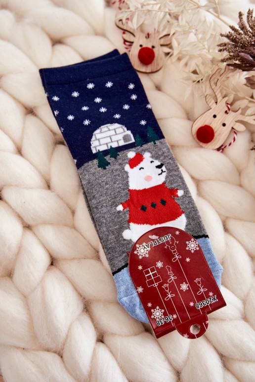 Moteriškos kojinės su kalėdiniais raštais su meškiukais I Igloo pilka-tamsiai mėlynos spalvos