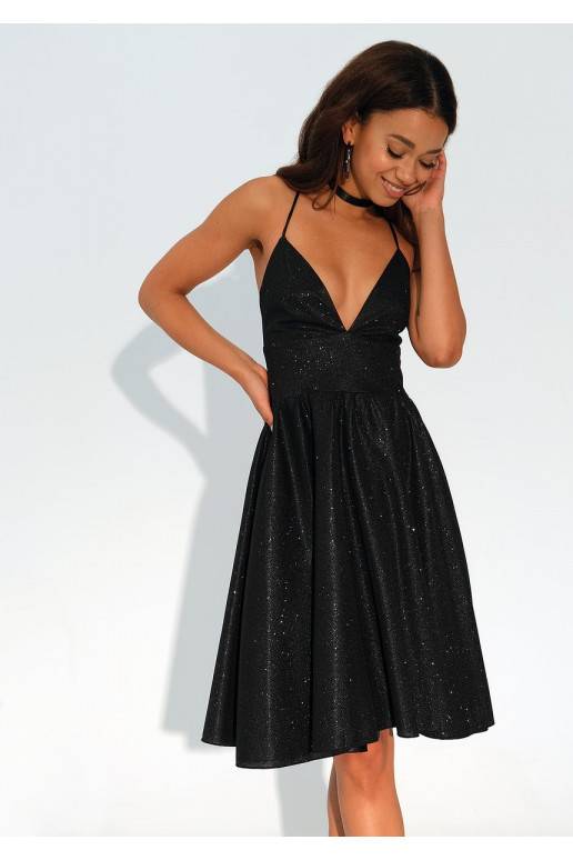 Livia - blizganti juodos spalvos MIDI suknelė su petnešėlėmis