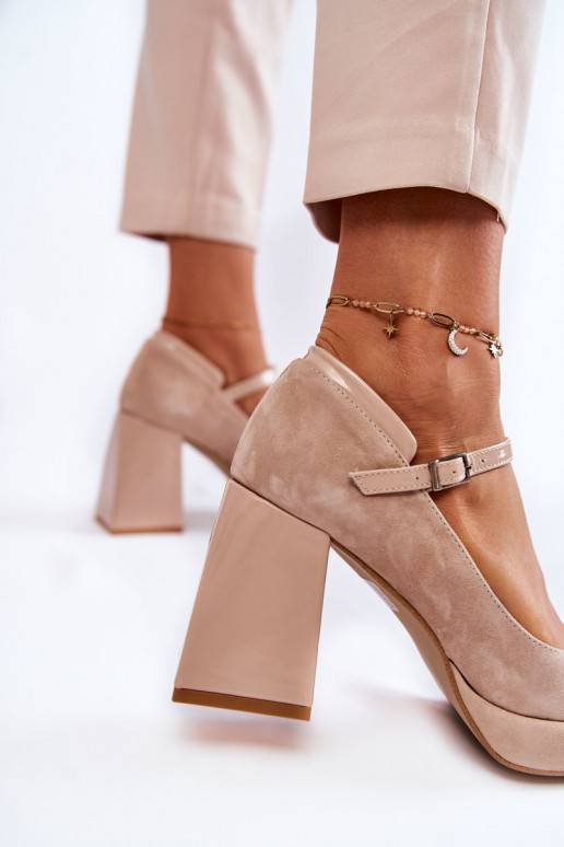 Zomšiniai bateliai su plačiu kulnu smėlio spalvos Tina