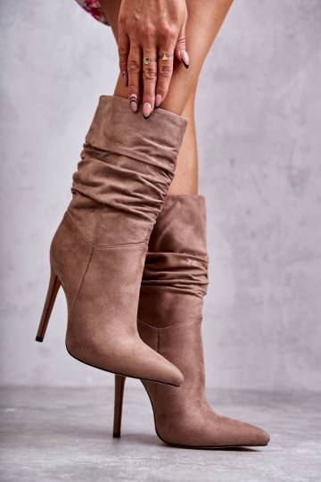   Marszczone Aulinukai ilgaauliai batai rudos spalvos Laguna