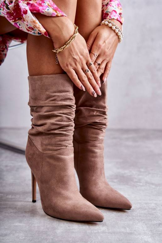   Marszczone Aulinukai ilgaauliai batai rudos spalvos Laguna