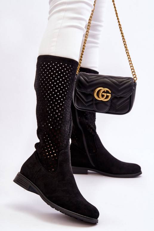   Ažūrinės zomšinės ilgaauliai batai  juodos spalvos Savannah