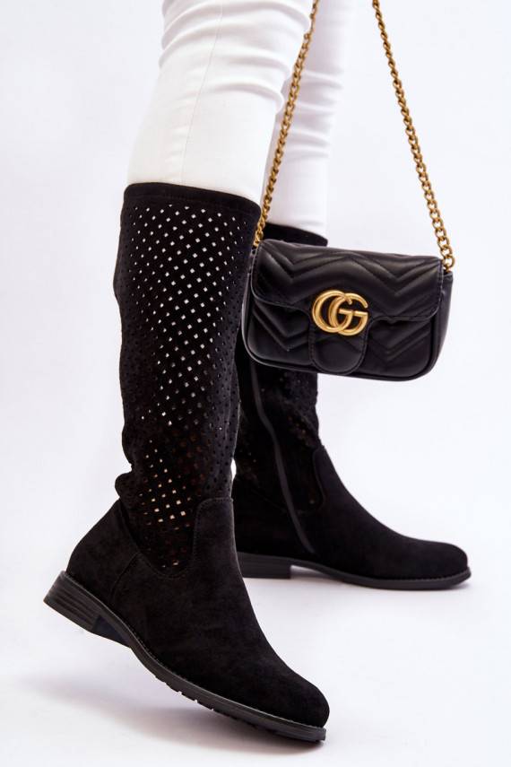   Ažūrinės zomšinės ilgaauliai batai  juodos spalvos Savannah