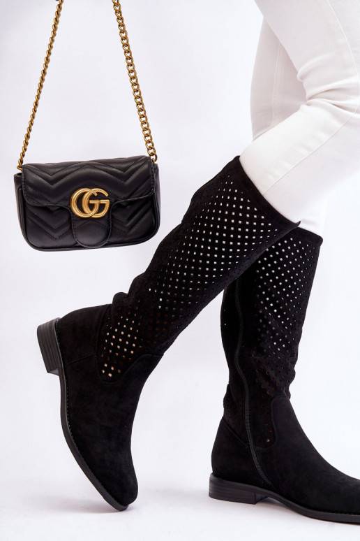   Ažūrinės zomšinės ilgaauliai batai  juodos spalvos Savannah